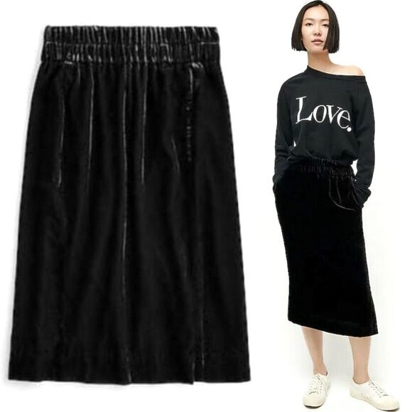 NWT J. Crew Black Velvet Pull-On Midi Skirt Women’s Size Small Party Career NEW - Picture 1 of 13